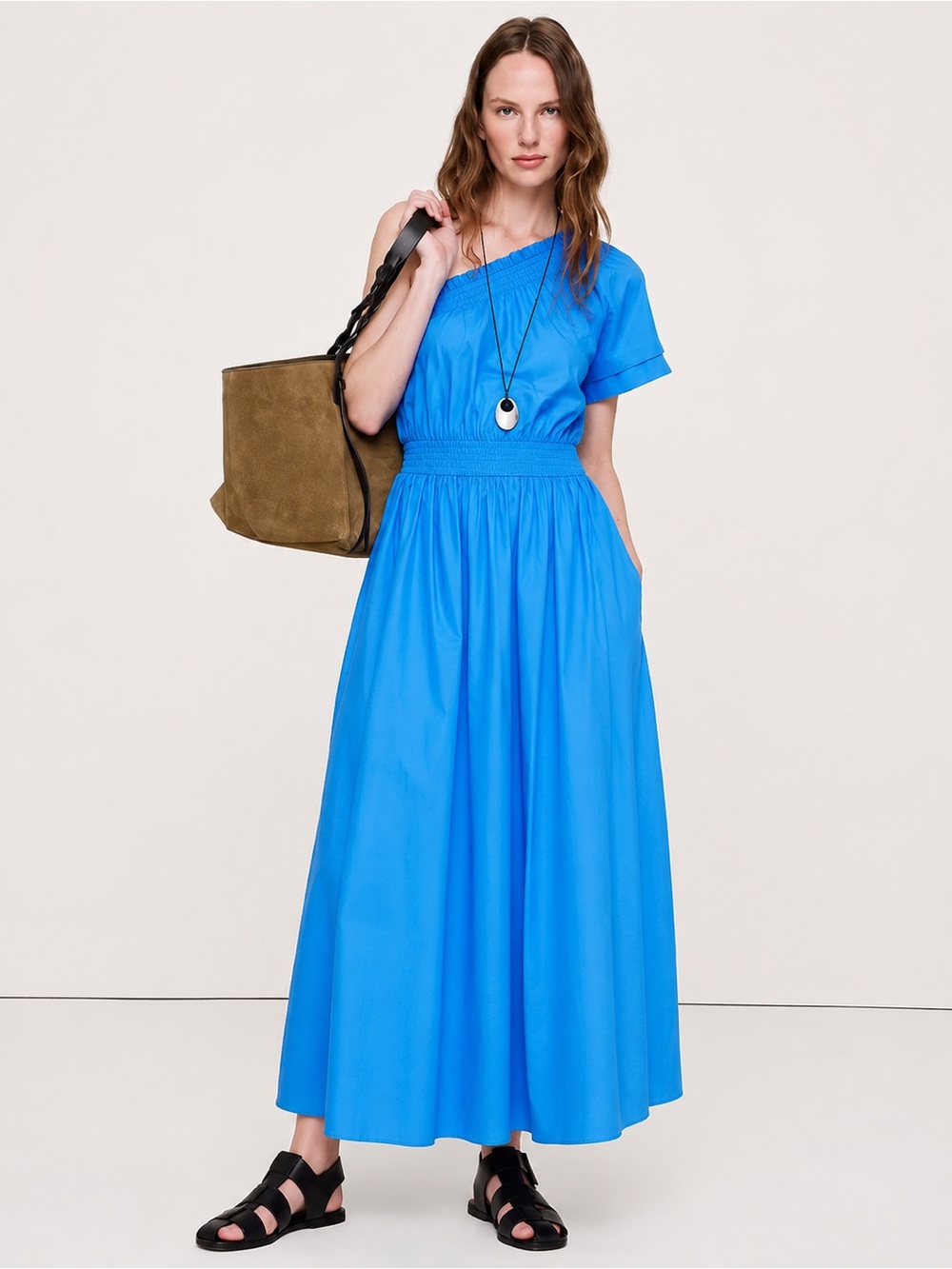 J. Crew | Smocked One-shoulder Dress in Cotton Poplin w/ Pockets ~ Large
